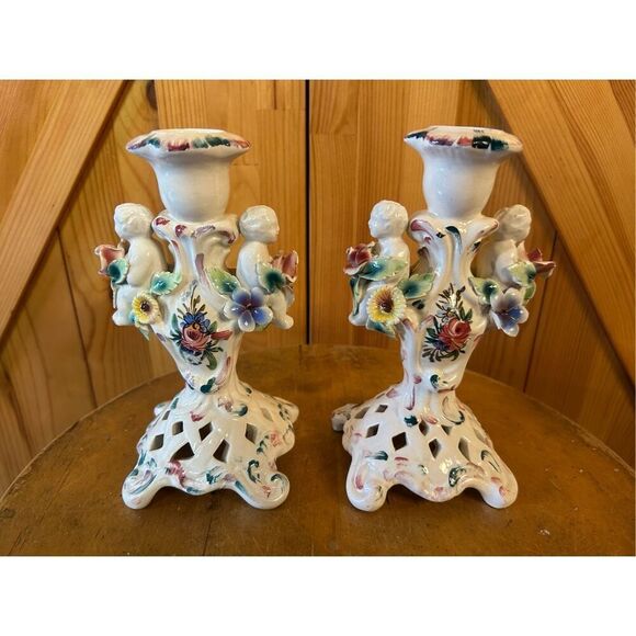 Antique Candle Holders Capodimonte Style Cherubs Made In Italy Hand Painted READ - Picture 3 of 16